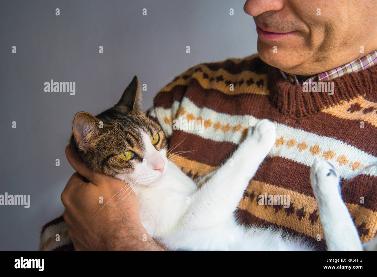L'uomo tenendo un tabby e white cat nelle sue braccia. Foto Stock