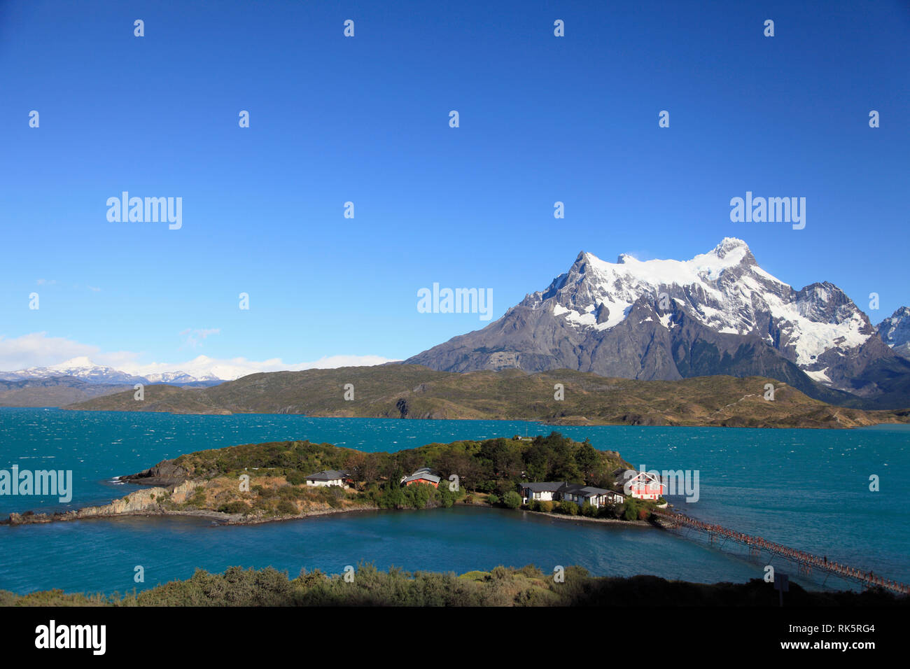 Il Cile, Magallanes, Torres del Paine, National Park, Lago Pehoe, Hosteria Pehoe, Paine Grande, Foto Stock