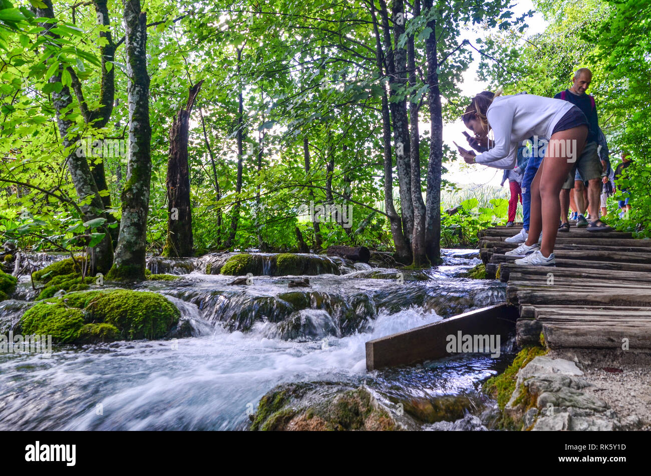 I visitatori che scattano foto del Parco Nazionale dei Laghi di Plitvice (Patrimonio Mondiale dell'UNESCO) in Croazia: Cascate, fauna selvatica, ponti, turisti ... Foto Stock
