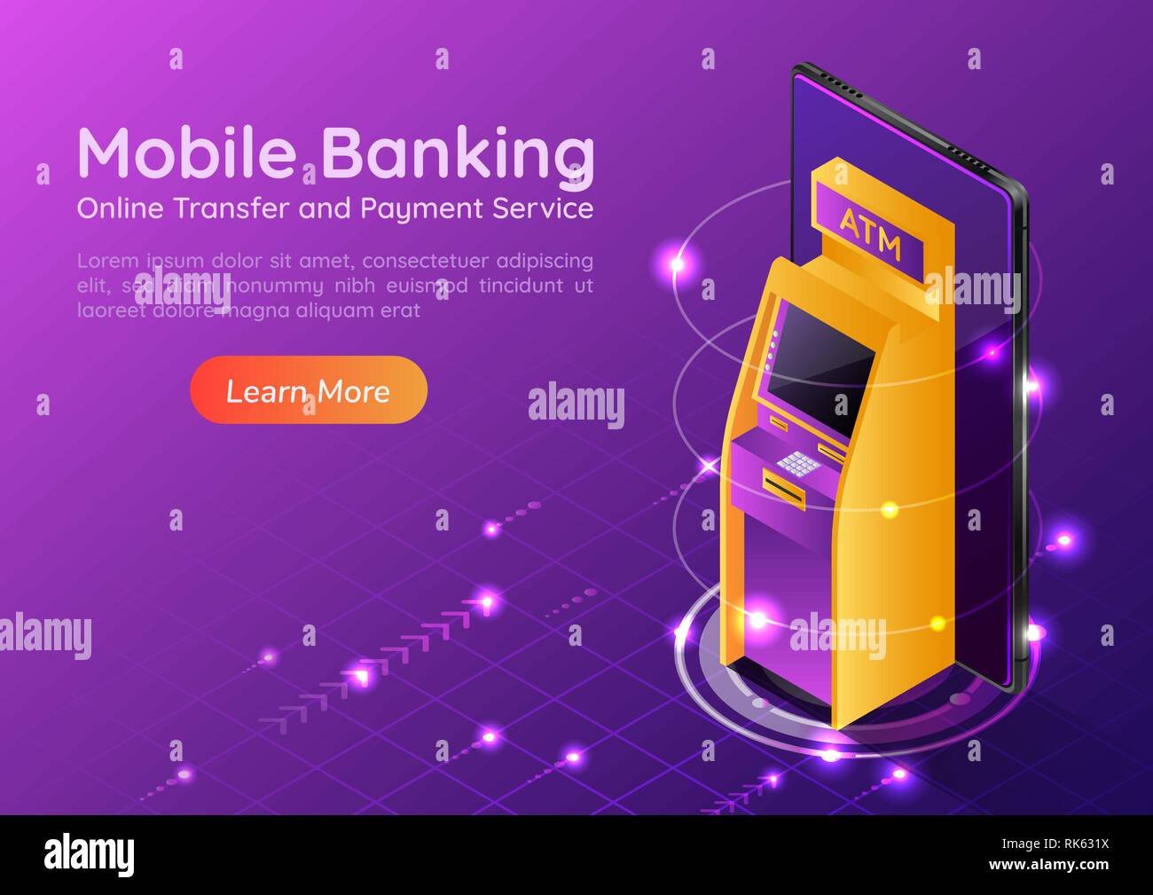 3D isometrica banner web macchina ATM sulla schermata dello smartphone. Mobile banking e di pagamento online concetto landing page. Illustrazione Vettoriale