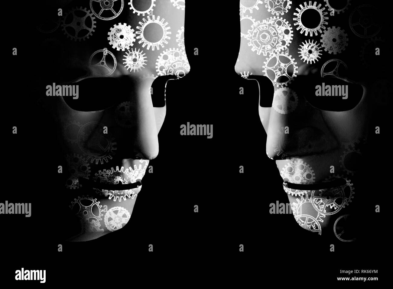 Intelligenza artificiale robot maschere con denti di trascinamento meccanico indicante la potenza del cervello Foto Stock