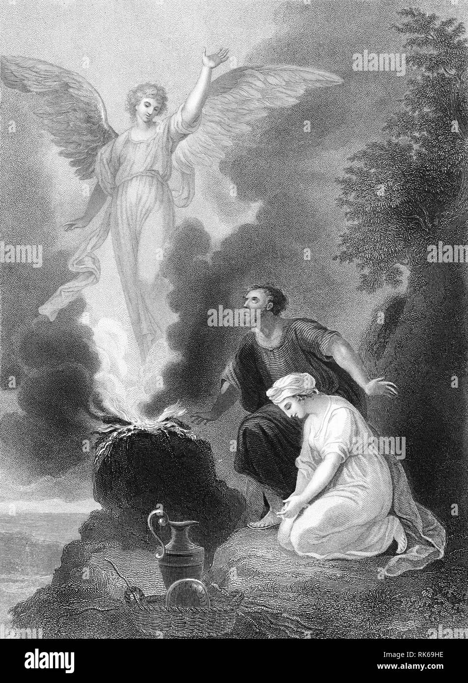 Incisione di un angelo in visita a Manoach dirgli della nascita di Sansone. Dalla Bibbia Self-Interpeting, forse 1843 edition. Foto Stock