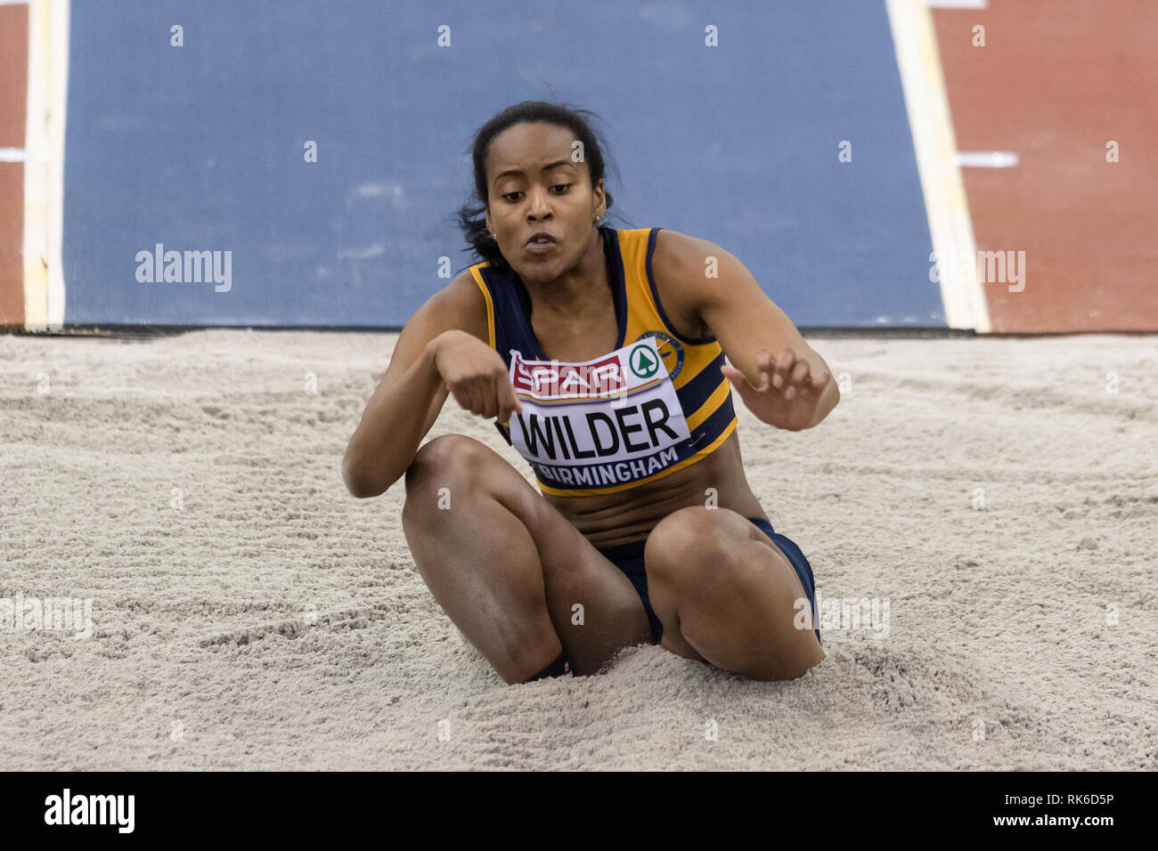 Birmingham, Regno Unito. 9 Feb 2019. Allison Wilder in Donne Salto triplo Finale durante la SPAR British Indoor Athletics Championships 2019 all'Arena Birmingham su Sabato, 09 febbraio 2019. BIRMINGHAM INGHILTERRA. (Solo uso editoriale, è richiesta una licenza per uso commerciale. Nessun uso in scommesse, giochi o un singolo giocatore/club/league pubblicazioni.) Credito: Taka G Wu/Alamy News Credito: Taka Wu/Alamy Live News Foto Stock