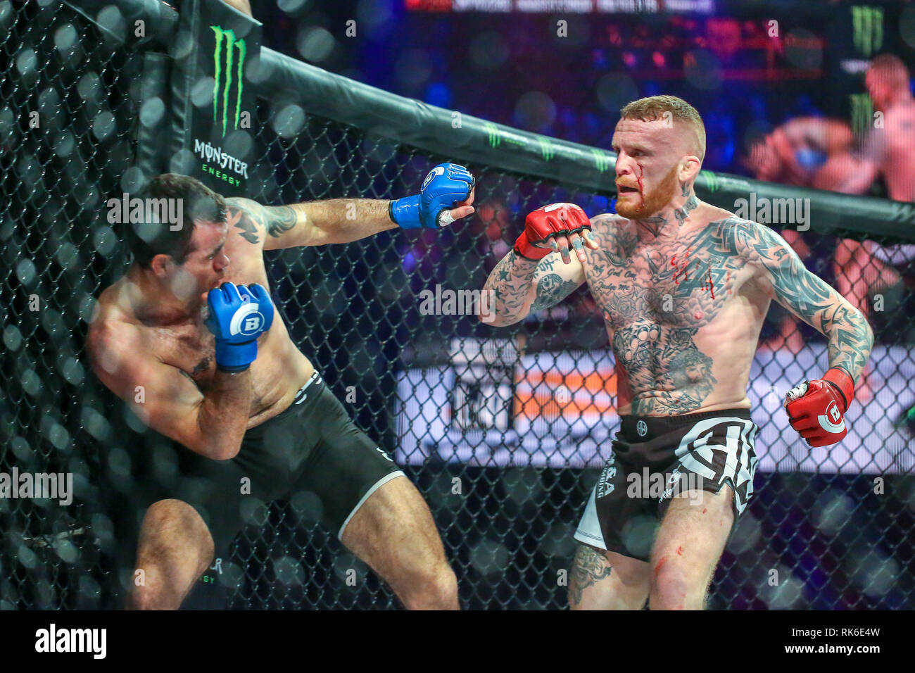 Newcastle, Regno Unito, 9 febbraio 2019 - Jim Wallhead perni Abner Lloveras contro la gabbia Credito: Dan Cooke/Alamy Live News Foto Stock