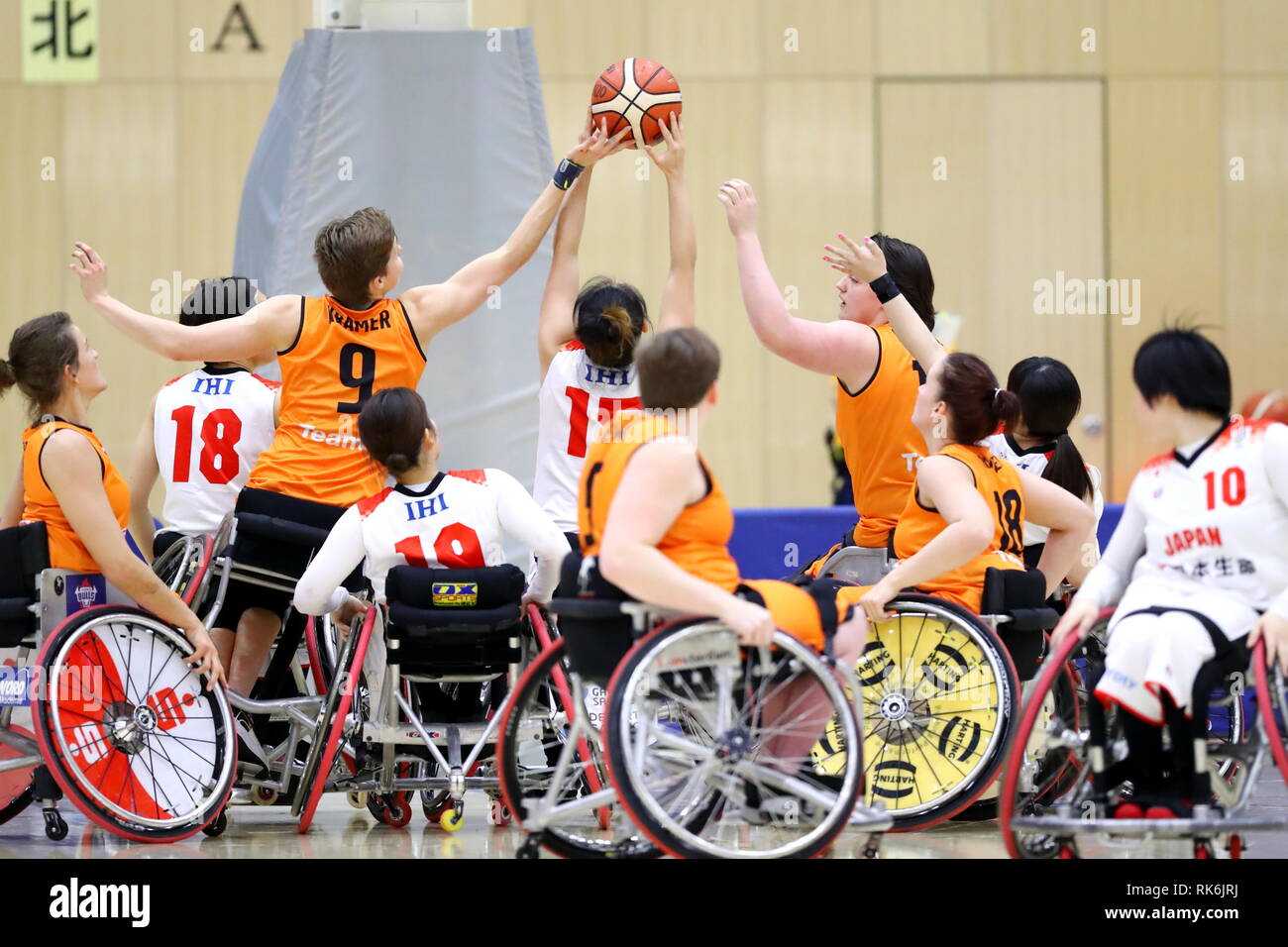 Chiba, Giappone. 8 febbraio, 2019. Vista generale del basket in carrozzella : donna International amichevole tra Giappone 51-61 Paesi Bassi a Kikkoman Arena di Chiba, Giappone . Credito: Naoki Nishimura AFLO/sport/Alamy Live News Foto Stock