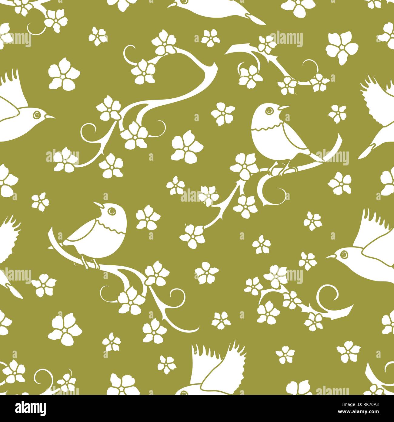 Modello senza cuciture con rami sakura, uccelli. In Giappone la natura. Rami di fiori di ciliegio. Design per scheda, annuncio, pubblicità, banner o stampare Illustrazione Vettoriale