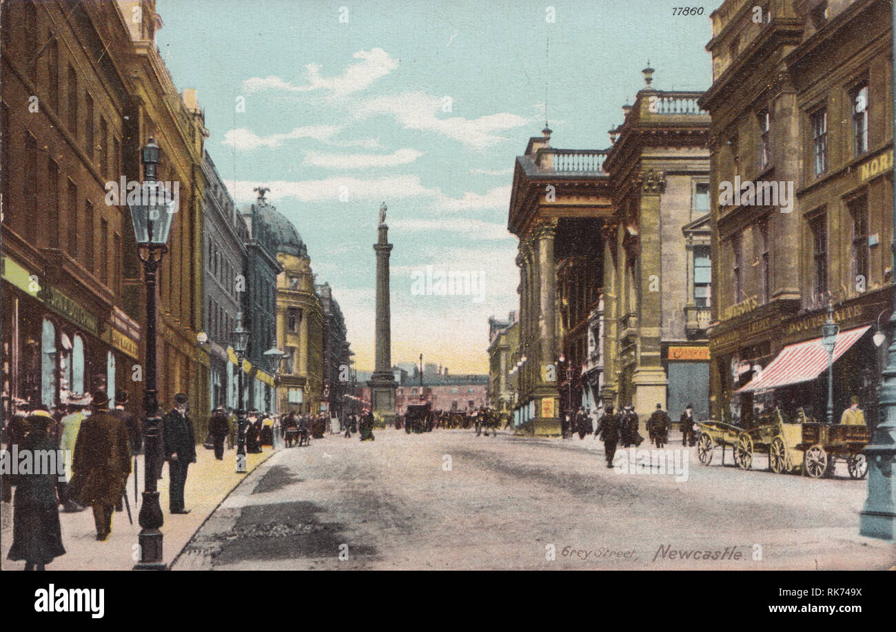 Edwardian vista di Grey Street, Newcastle, Northumberland, Inghilterra Foto Stock