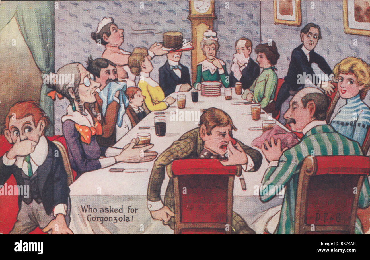 Edwardian Fumetto Cartoline di una cena. "Chi ha chiesto per il Gorgonzola" Foto Stock