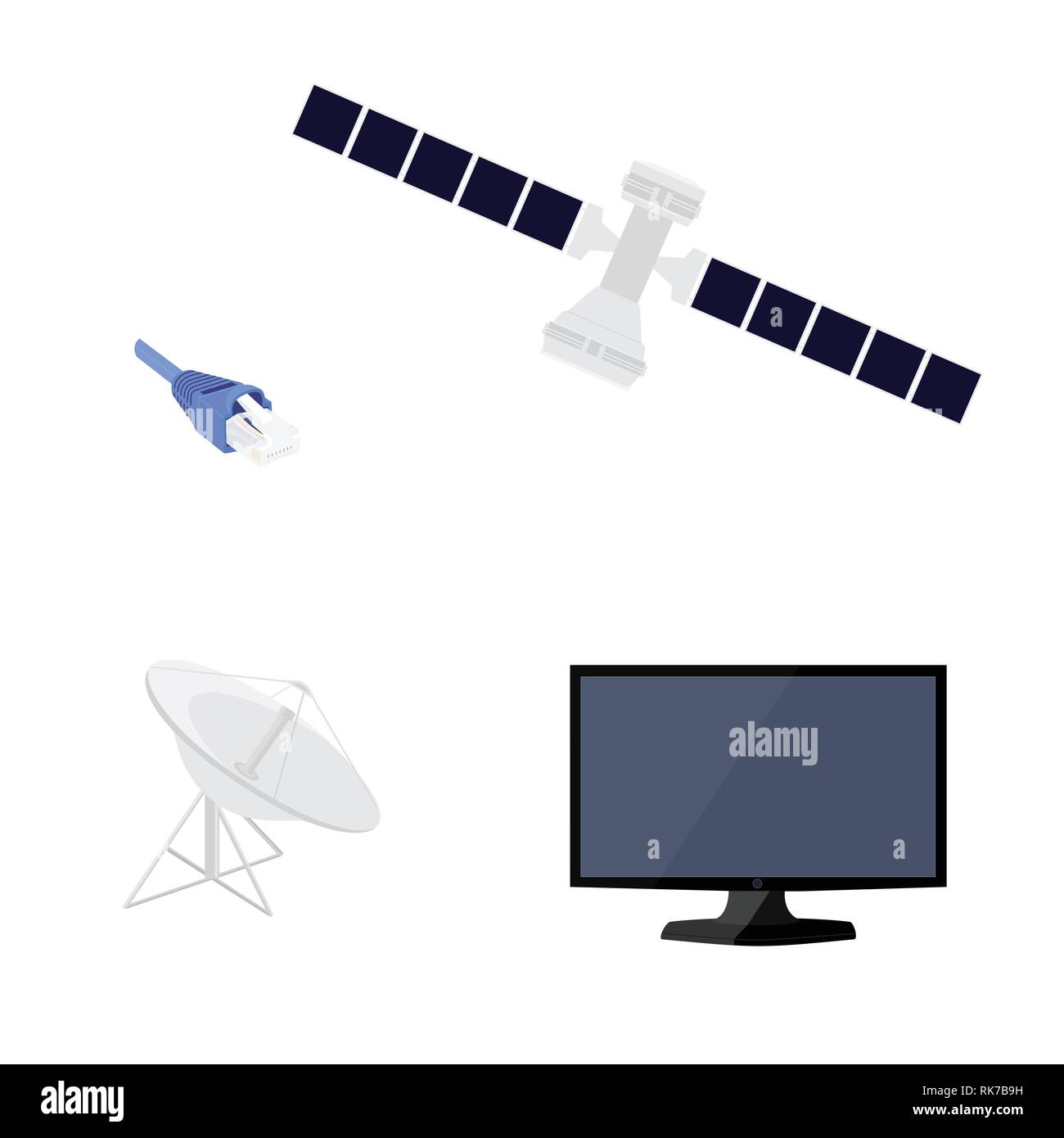 Illustrazione Vettoriale satellite, antenna parabolica, nuovo e moderno TV LCD monitor e cavo. Imposta icona. Illustrazione Vettoriale