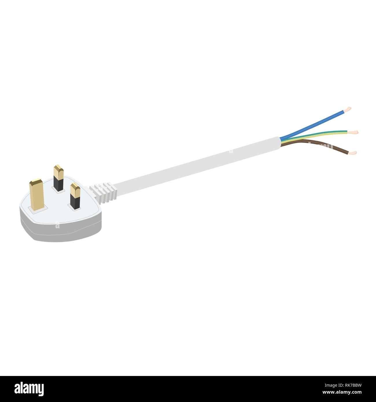 Regno Unito spina elettrica con flessibile a tre fili del cavo elettrico isolato su sfondo bianco. Illustrazione Vettoriale Illustrazione Vettoriale