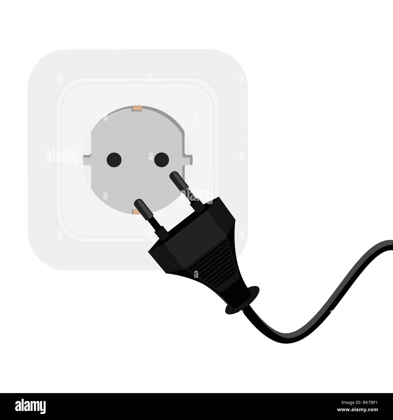 Nero cavo di alimentazione inserito in unione alla presa a muro sulla parete bianca. Illustrazione Vettoriale Illustrazione Vettoriale