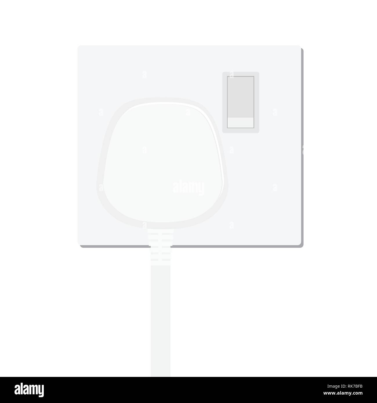 Bianco realistico spina inserita nella presa elettrica presa di alimentazione, isolata su sfondo bianco. Icona di dispositivo per il collegamento di apparecchi elettrici, eq Illustrazione Vettoriale