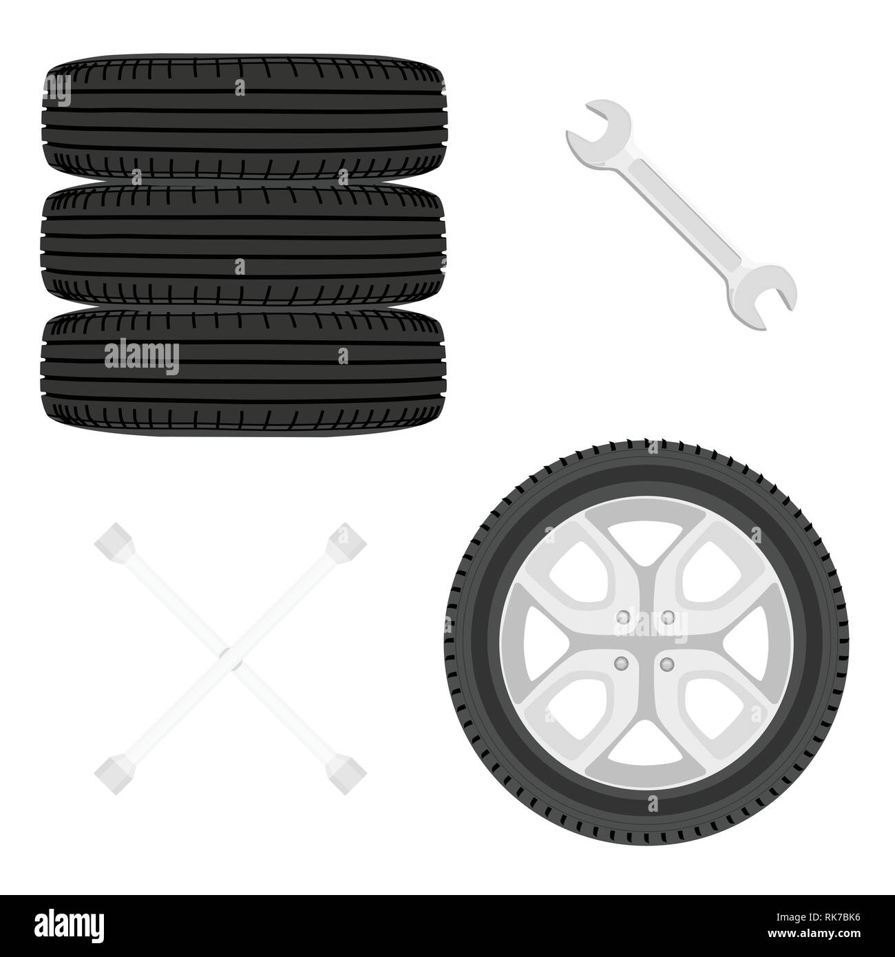 Una pila di pneumatici per auto. Ruote vettura e chiave Imposta icona isolato su bianco. Riparazione auto concept Illustrazione Vettoriale