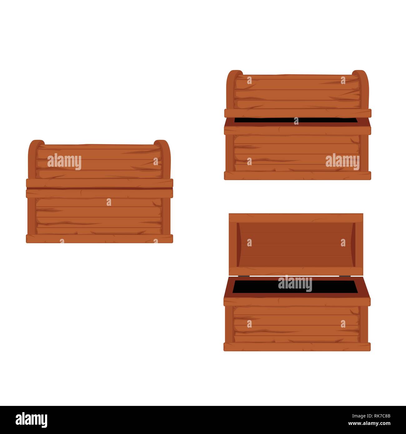 Vector set di icone con il cartoon chiuso e aperto in legno marrone cassapanche pirata su sfondo bianco Illustrazione Vettoriale