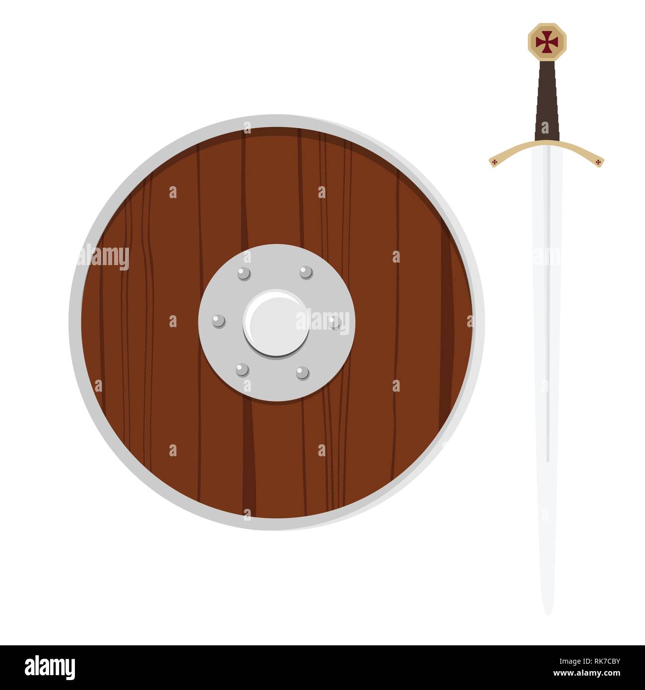 Illustrazione Vettoriale vichingo di legno di scudo e di spada isolati su sfondo bianco. Round Scudo antico Illustrazione Vettoriale