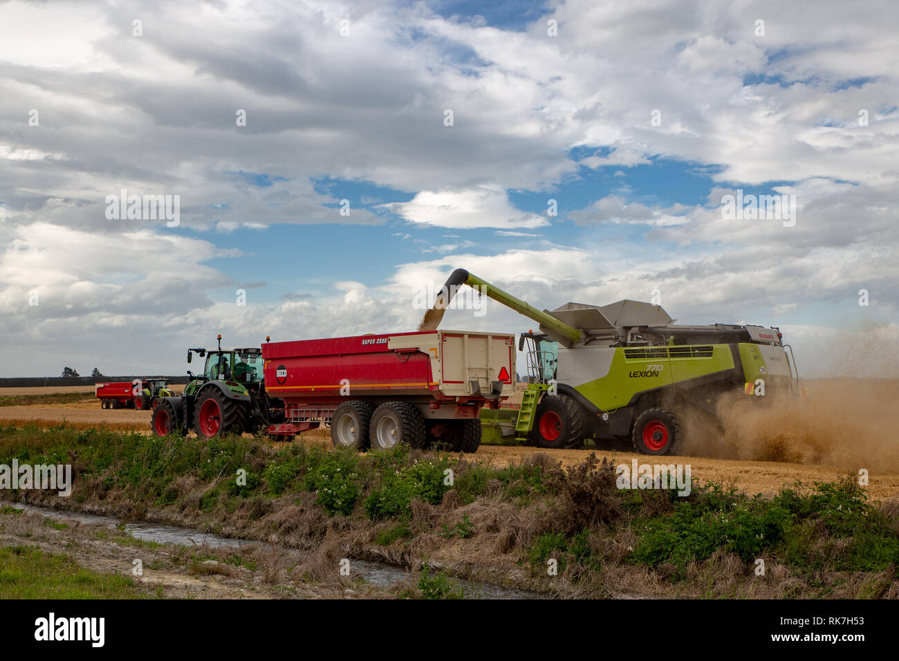 Un Claas mietitrebbia continua a lavorare mentre offload dell'orzo per un seme bin trainato da un trattore Fendt in Canterbury, Nuova Zelanda Foto Stock