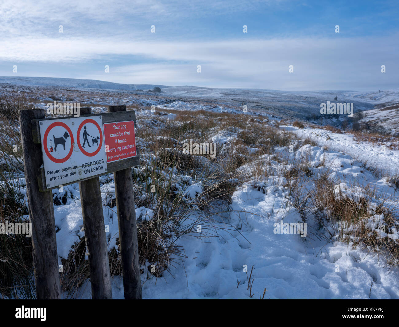 Segno su un sentiero su un moro fuori Haworth nel West Yorkshire avvertenza i proprietari di cani per tenere i loro cani al guinzaglio perché di ovini Foto Stock