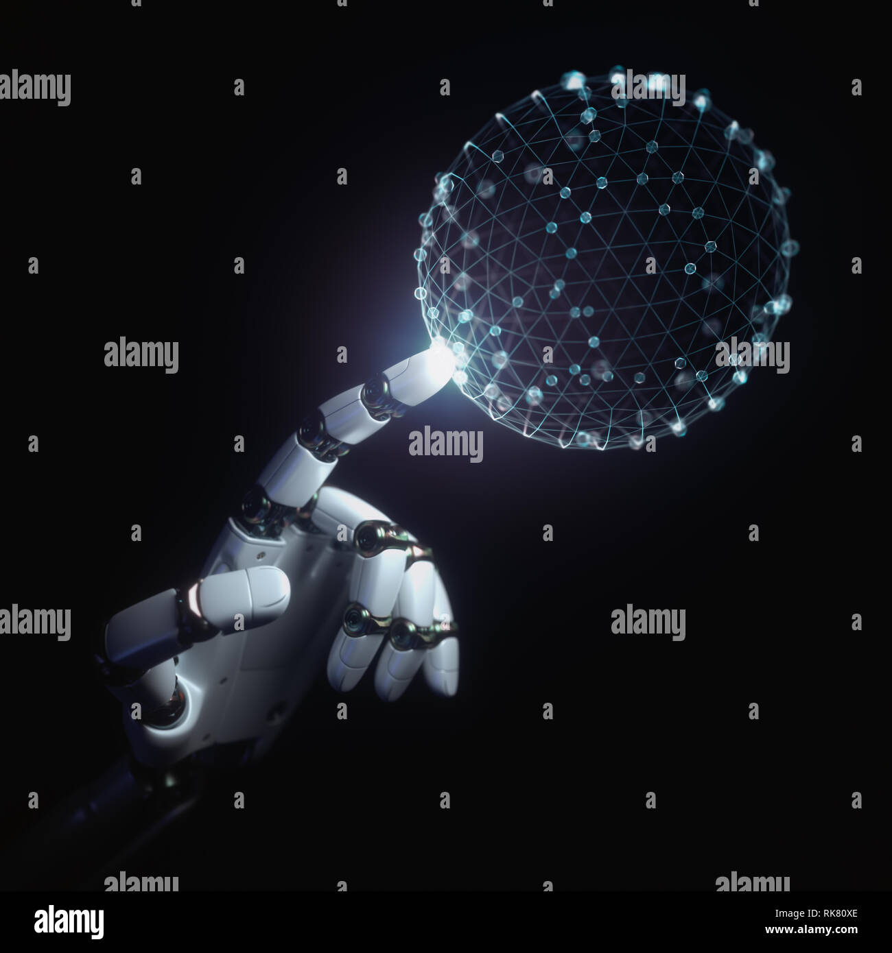 Mano robotica di toccare con un dito olografiche in 3D concetto sfera della tecnologia e della scienza. Foto Stock