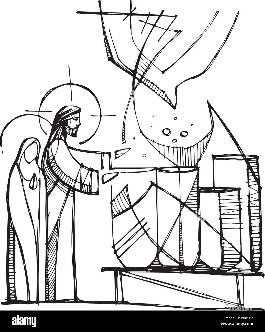 Illustrazione Vettoriale o di disegno della Vergine Maria e Gesù Cristo rendendo il miracolo di trasformare l'acqua al vino Illustrazione Vettoriale