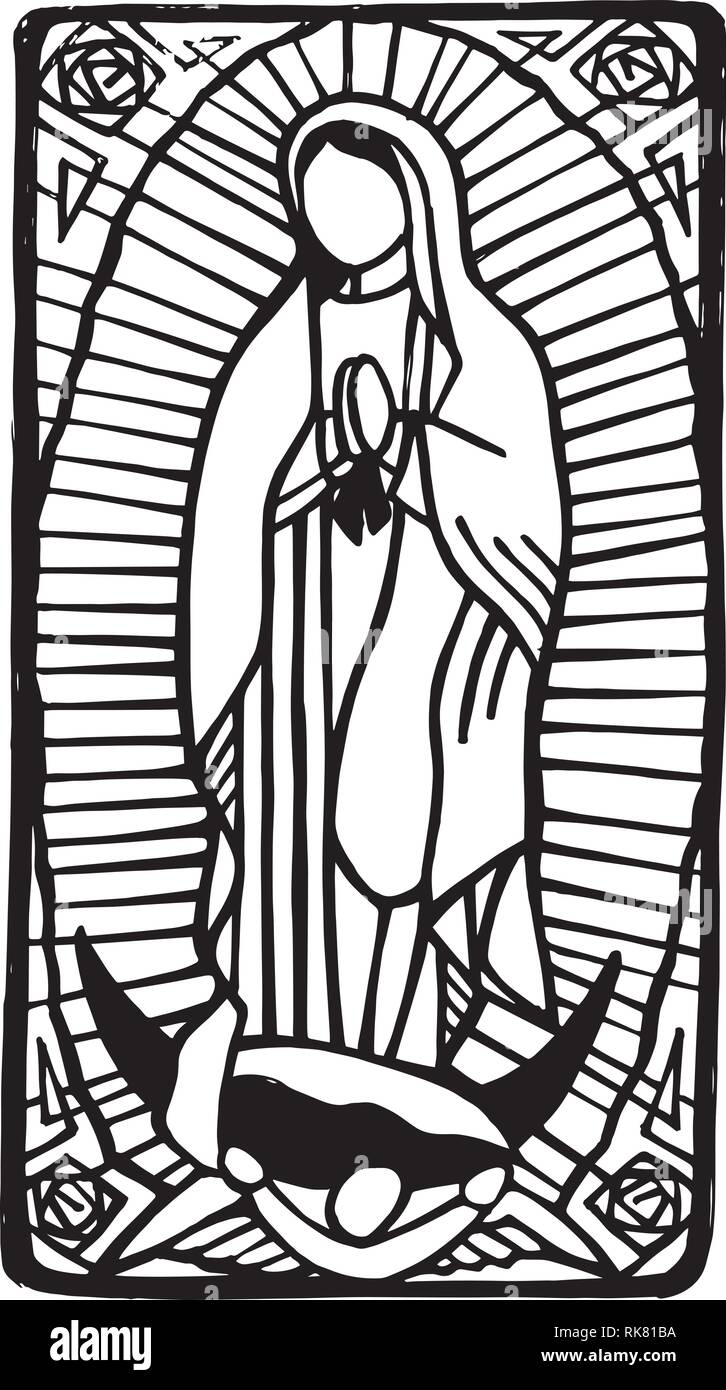 Disegnata a mano illustrazione vettoriale o di disegno messicano della Vergine Maria di Guadalupe, Illustrazione Vettoriale