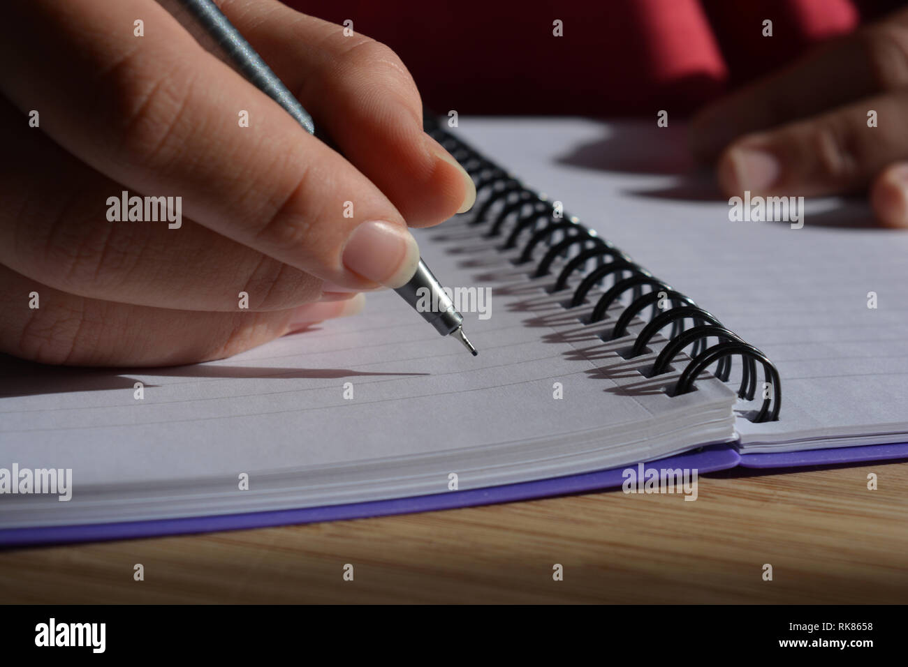 Donna millenario iscritto in una rilegatura a spirale notebook, penna in mano Foto Stock