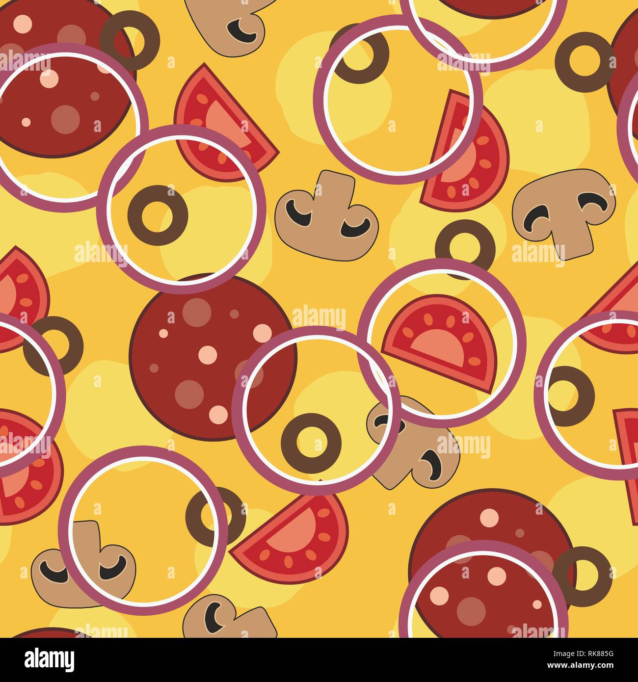 Vettore pizza perfetta pattern con ketchup, salsicce a fette, formaggio, funghi, olive e cipolla. pizza italiana sullo sfondo senza giunture Illustrazione Vettoriale