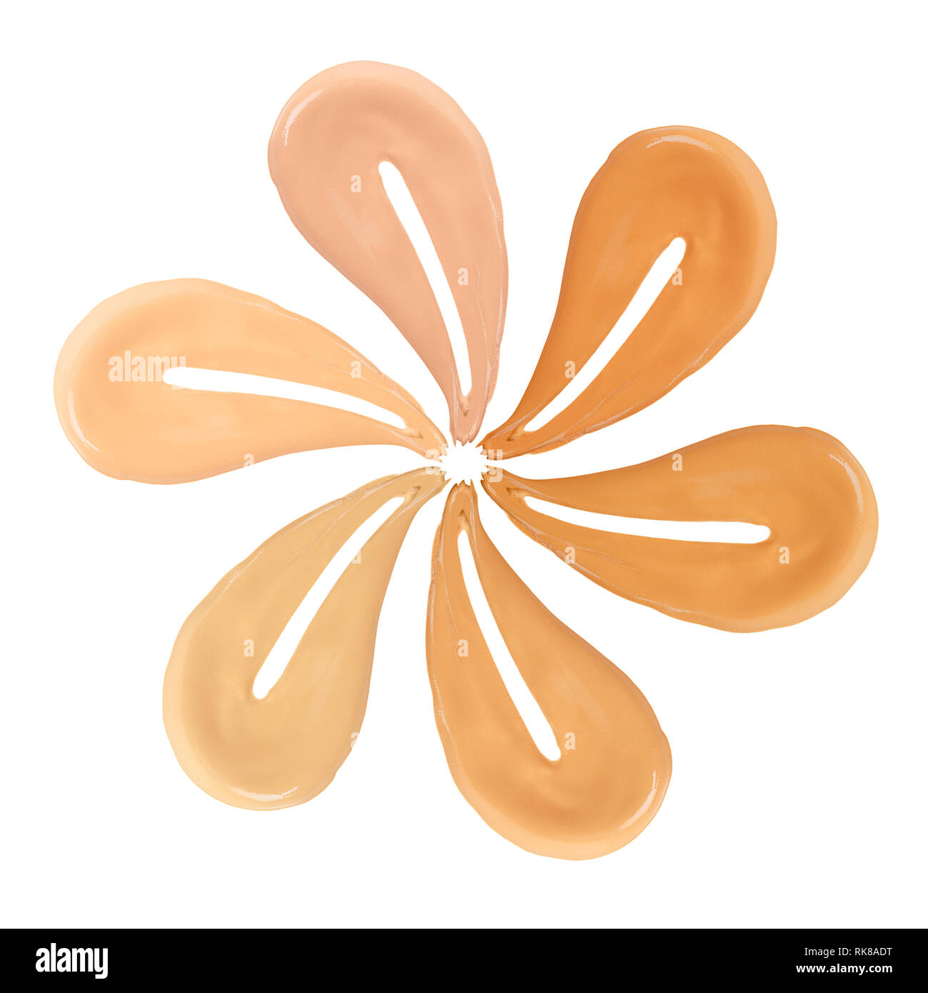 Sfumature di fondazione. Close up di diverse tonalità di fondotinta liquido trucco isolato sullo sfondo bianco. Foto Stock