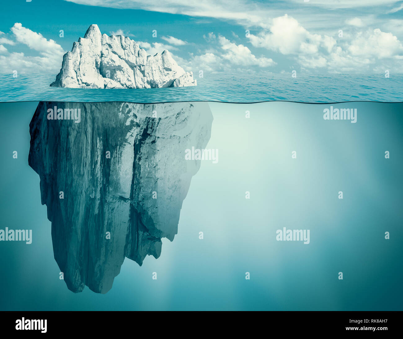 Iceberg in oceano. Minaccia nascosta o il concetto di pericolo. 3d'illustrazione. Foto Stock
