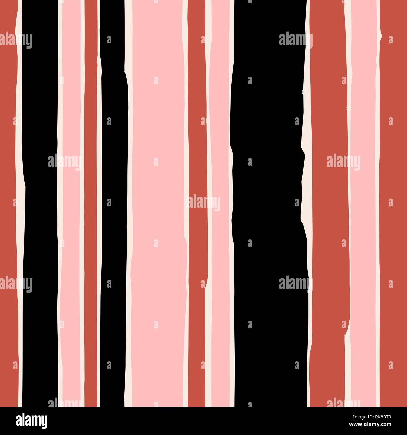 Seamless modello di ripetizione con strisce verticali in rosa pastello, nero e rosso mattone su sfondo color crema. Illustrazione Vettoriale