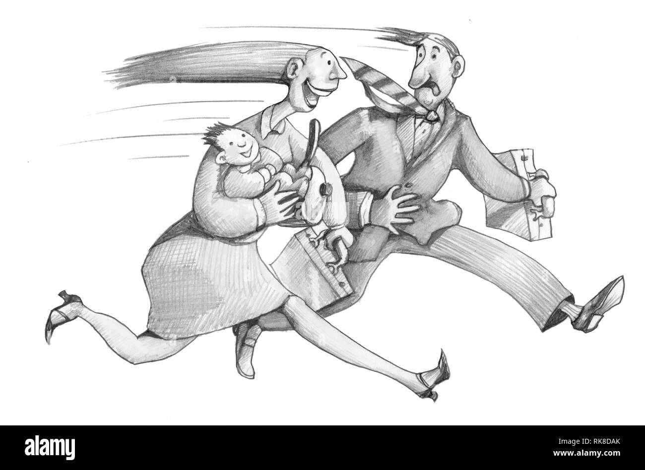 Donna e uomo in esecuzione per il suo lavoro che egli porta dietro la cura dei figli e la casa per il quale lei deve fare di più lavoro umorismo illustrazione Foto Stock
