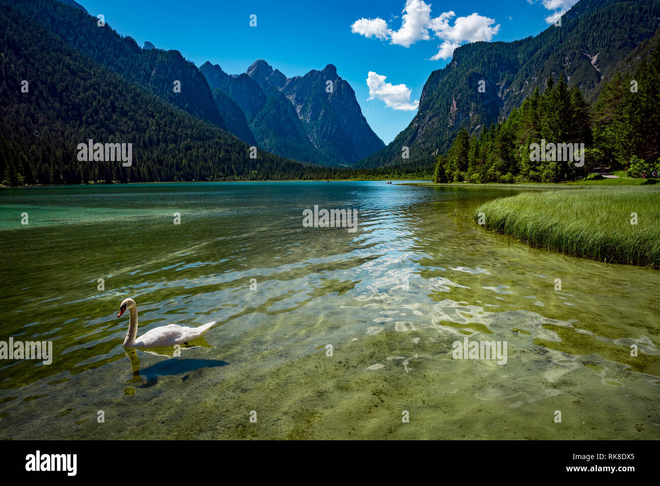 Il lago di Dobbiaco nelle Dolomiti, la bellissima natura Italia paesaggio naturale delle Alpi. Foto Stock