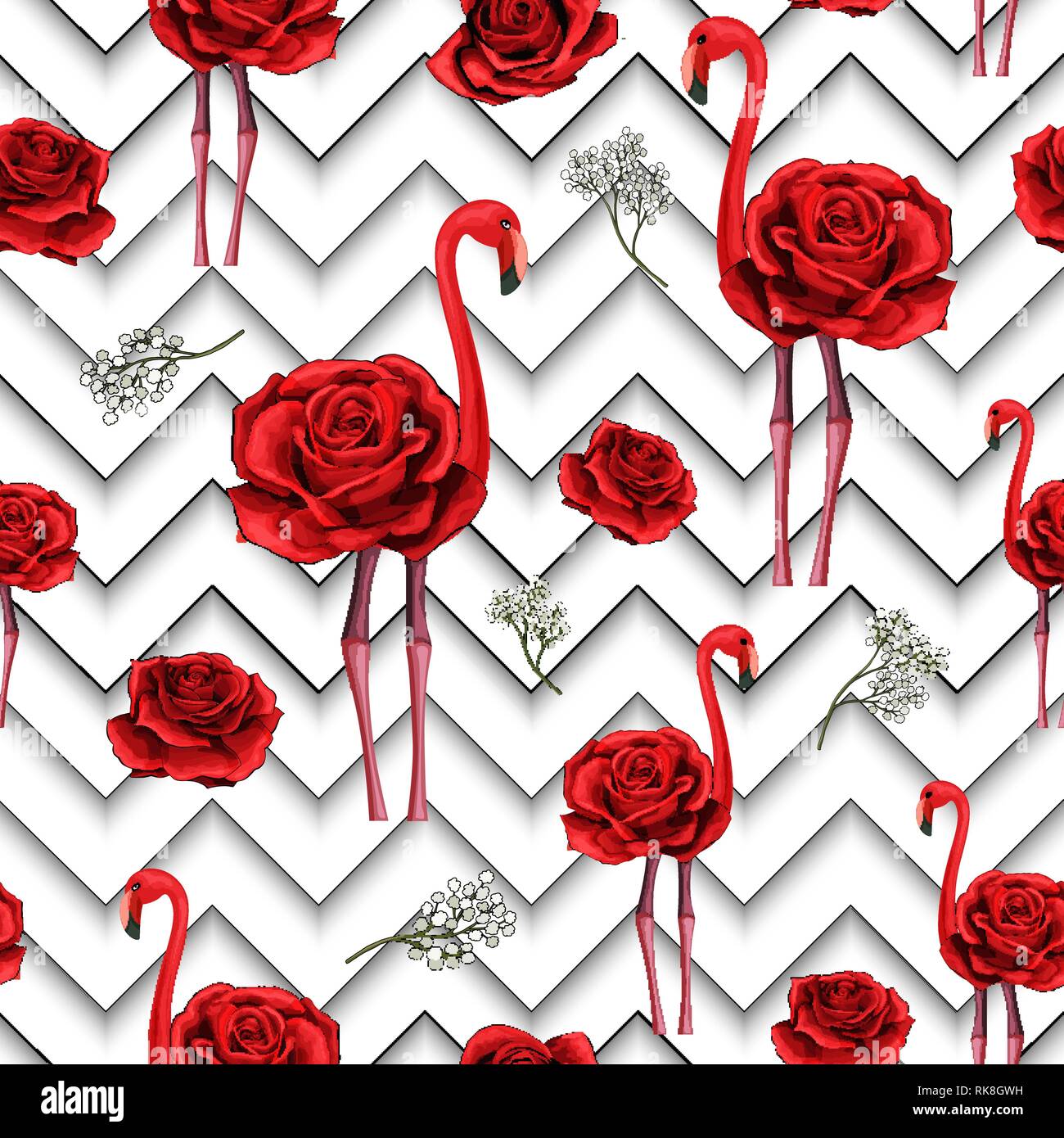 Alla moda di linee a zig-zag ricamato stampa rose rosse e flamingo pattern senza giunture Illustrazione Vettoriale