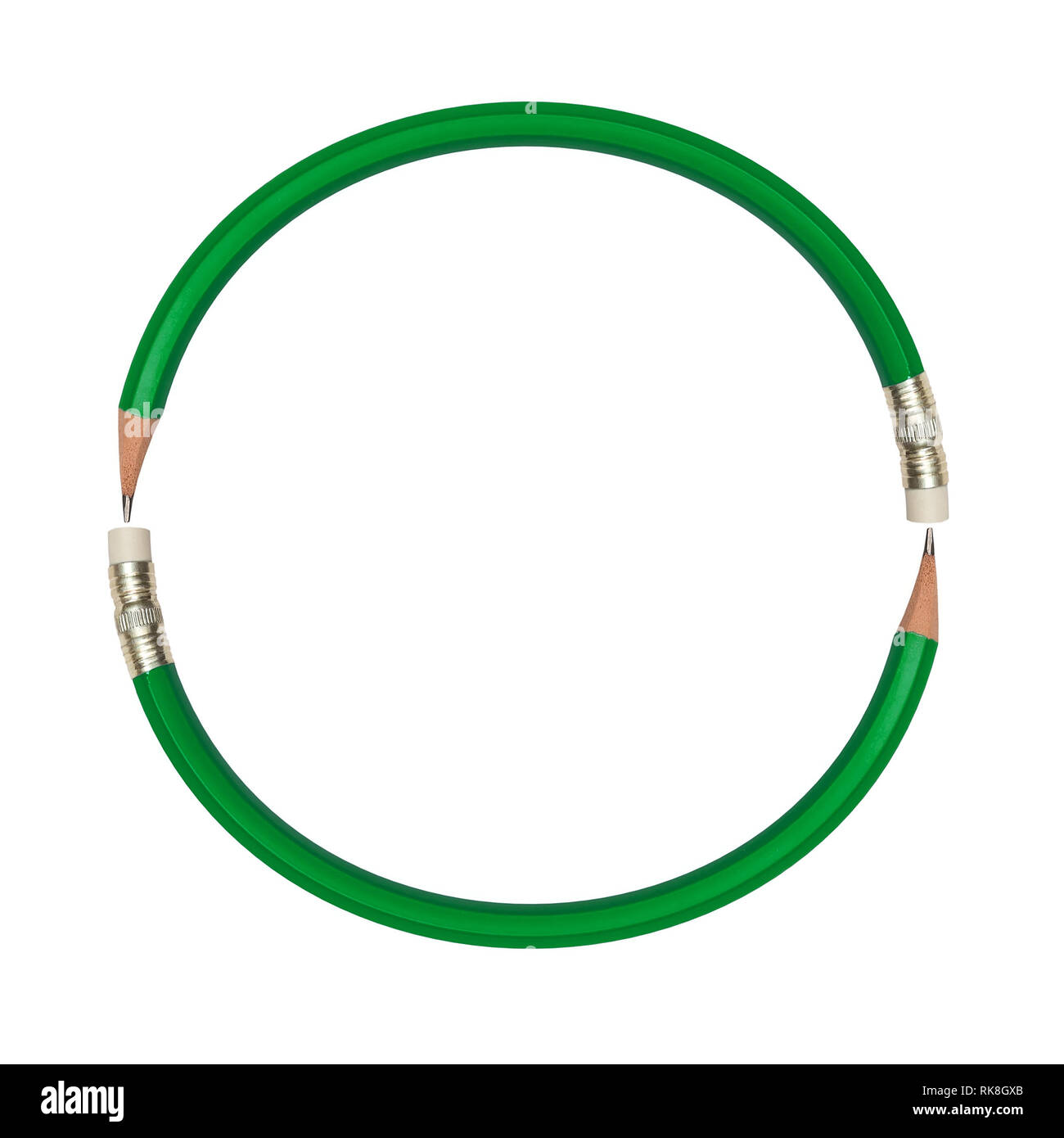 Configurazione astratta delle due curve matite di colore verde in un cerchio isolato su sfondo bianco Foto Stock