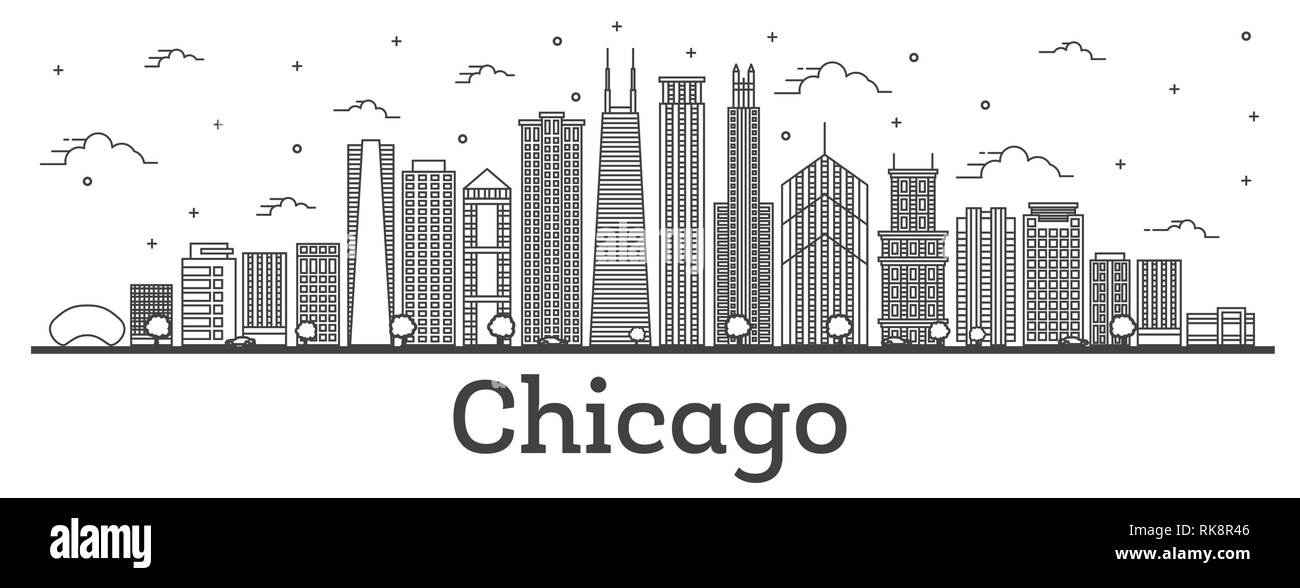 Delineare Chicago Illinois skyline della città con moderni edifici isolati su bianco. Illustrazione Vettoriale. Paesaggio urbano Chicago con punti di riferimento. Illustrazione Vettoriale