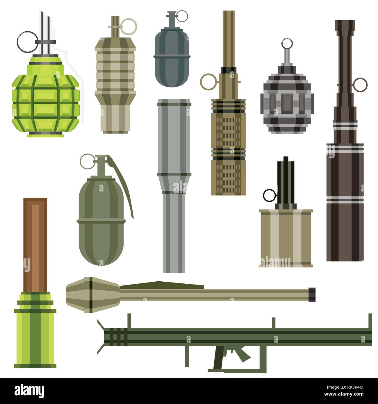 Set di granata. Arma militare. Lanciagranate isolati su sfondo bianco. Illustrazione Vettoriale. Illustrazione Vettoriale