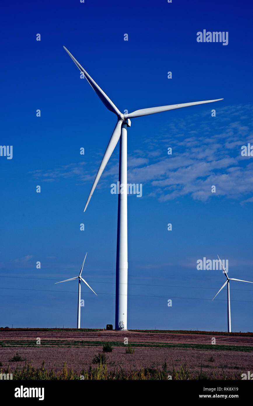 Spearville, Kansas, USA, settembre 23, 2014 Nel 2006, 5.000 acri di Kansas City Power & Light Spearville Wind Energy Facility è diventato il terzo parco eolico in Kansas. Il $160 milioni di dollari, 100,5 megawatt wind farm ha 67 turbine che producono elettricità sufficiente per alimentare 33.000 case. Il GE Energy 1,5 megawatt di turbine eoliche sono montati su 80 metri di torri e di alimentazione di una metropolitana elettrico sistema di raccolta. Le turbine a vento Spearville Farm sono progettate per accendersi quando il vento raggiunge la velocità di 8 mph, punto in cui le lame ruotano circa dieci volte al minuto. Il vento Spearville Foto Stock