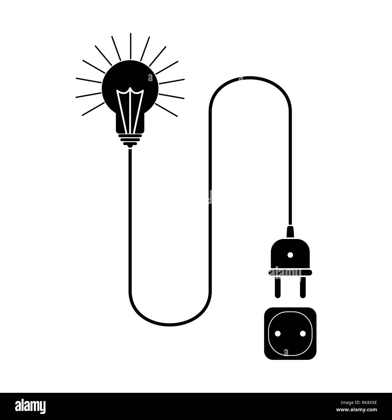 Lampadina con un filo metallico e un tappo è collegato a una presa elettrica Illustrazione Vettoriale