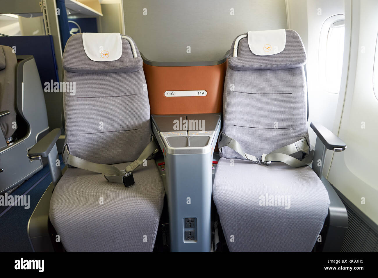 NEW YORK - MARZO 13, 2016: interni di Boeing 747-8I. Il Boeing 747 è un Americano wide-body jet commerciale aereo di linea e aerei cargo, spesso referr Foto Stock