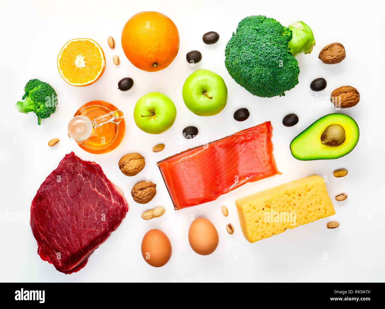 Foto dal di sopra di prodotti utili per la dieta. Foto Stock