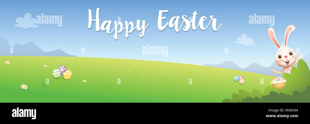 Felice Pasqua banner - bunny spiata dietro Bush e la caccia di uova - molla sullo sfondo del paesaggio Illustrazione Vettoriale