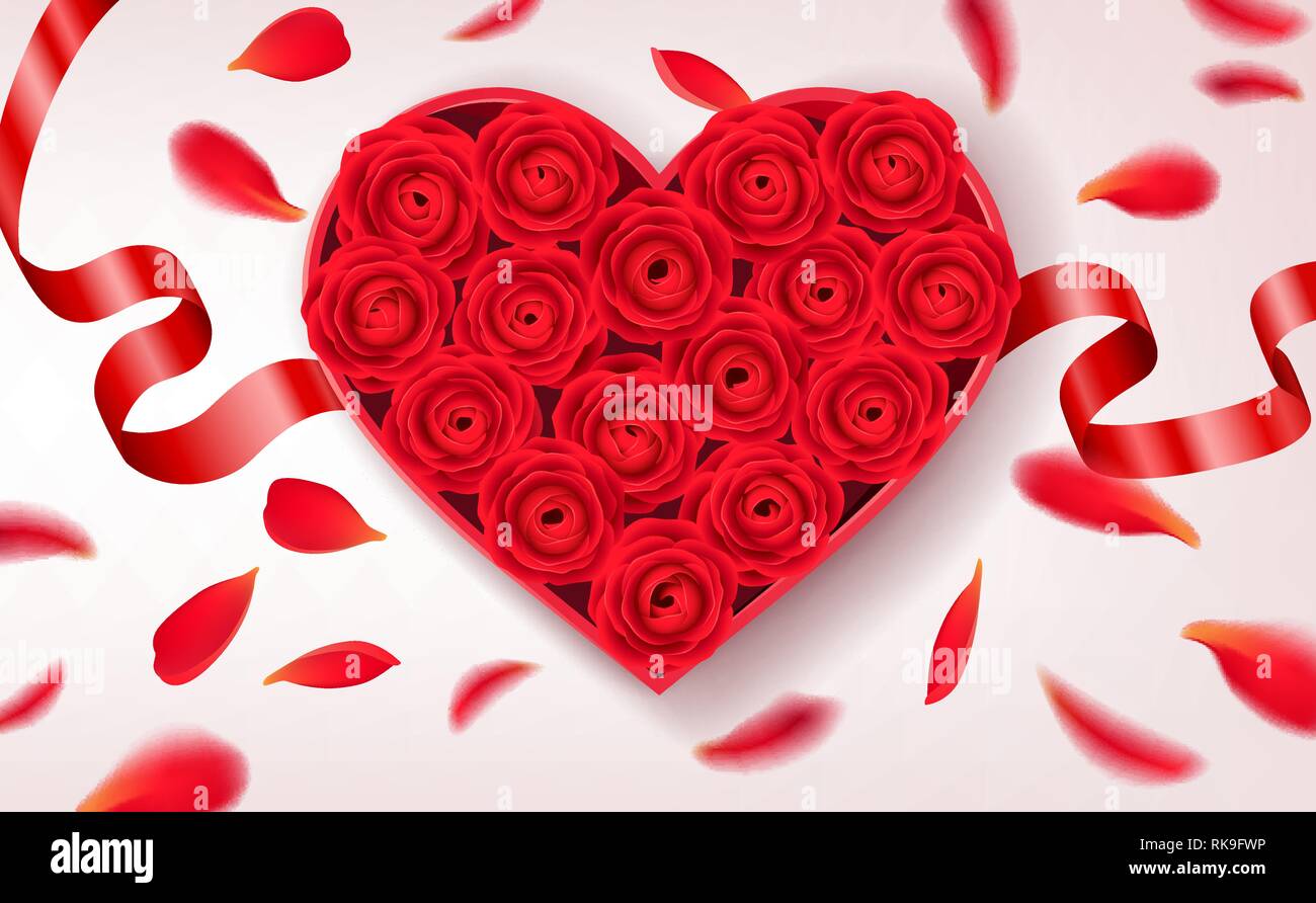 Cuore scatola sagomata con rose rosse all'interno, omaggio romantico Illustrazione Vettoriale