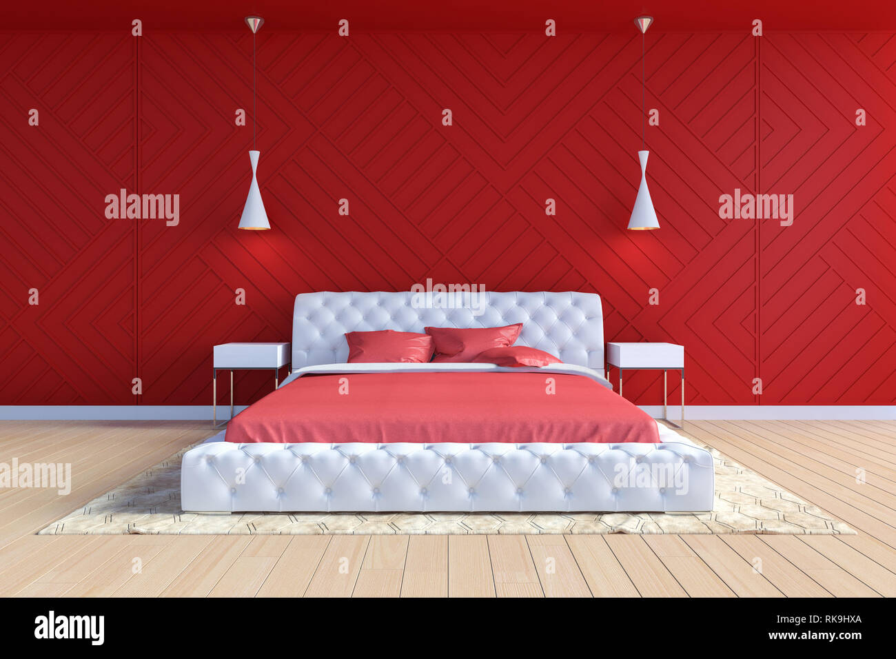 Moderno e Contemporaneo interiore camera da letto in rosso e il colore bianco, rendering 3D Foto Stock