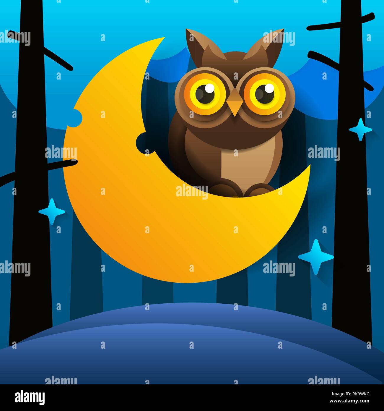 Cartoon carino gufo rosa siede sul sonnacchioso falce della luna nel cielo notturno con stelle Illustrazione Vettoriale