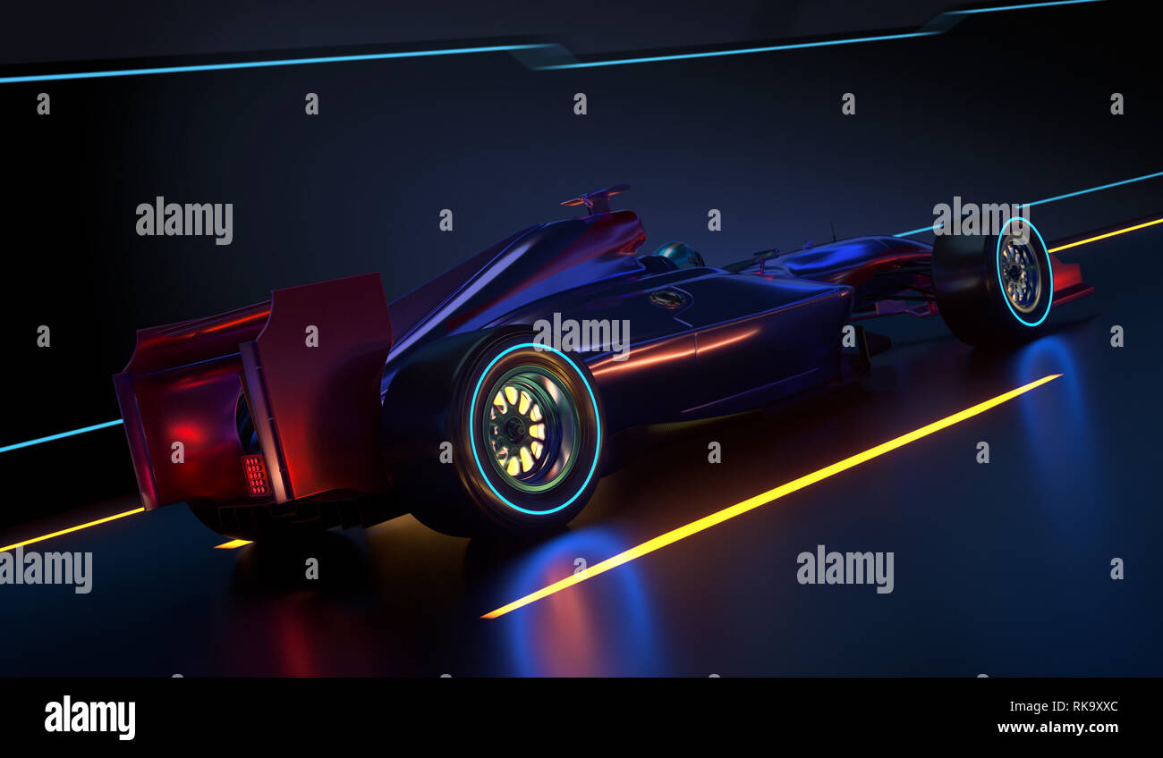 Race Car accelerando lungo un tunnel futuristico. Vettura da gara con nessun nome di marca è progettato e modellato da me. 3D illustrazione Foto Stock