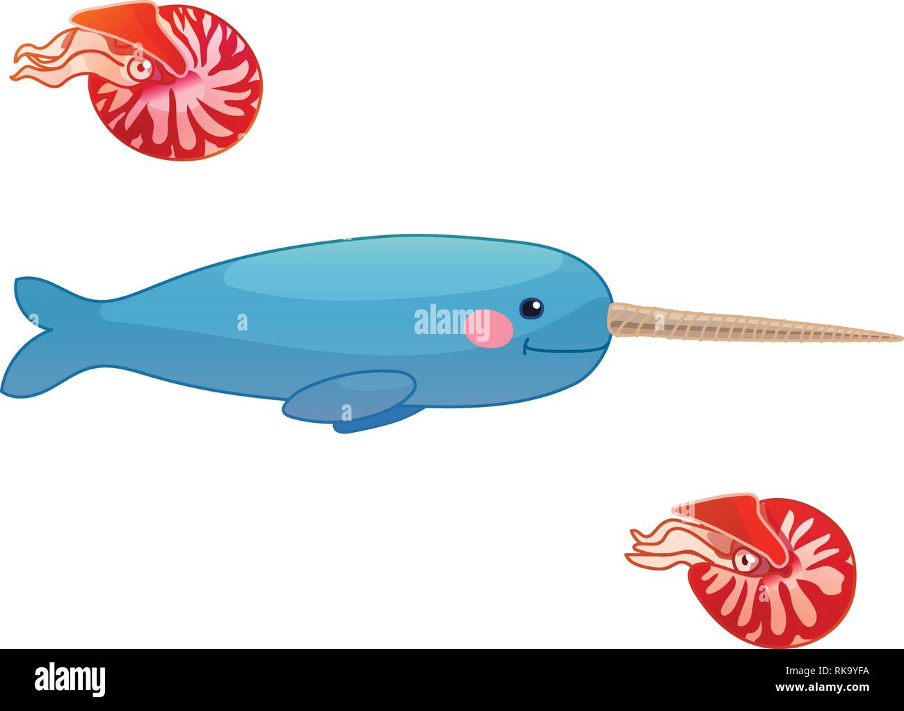 Vector cartoon clipart animale: narwhal, nautilus Illustrazione Vettoriale