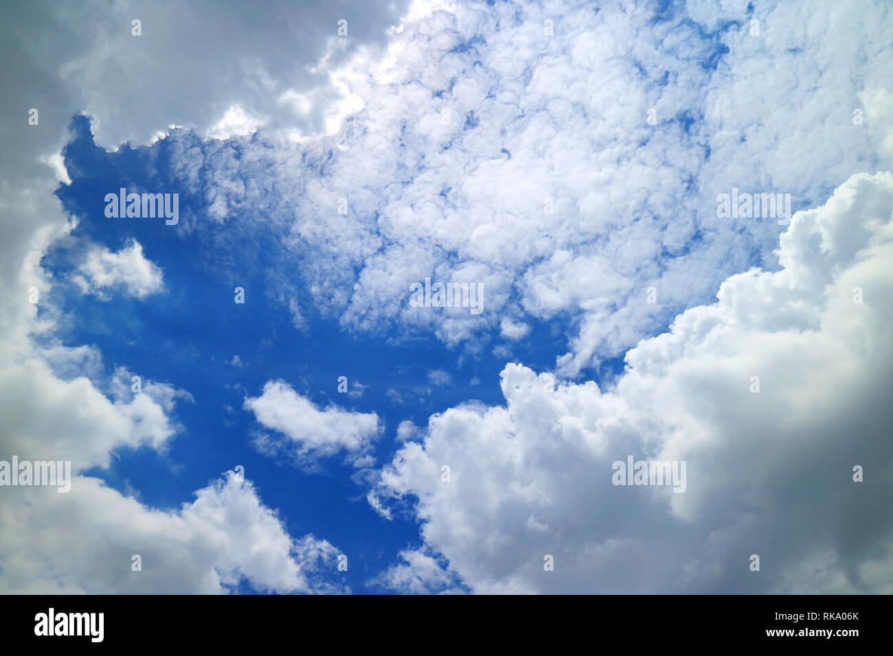 White cumulus e nubi sparse sul luminoso cielo blu per lo sfondo e i banner Foto Stock