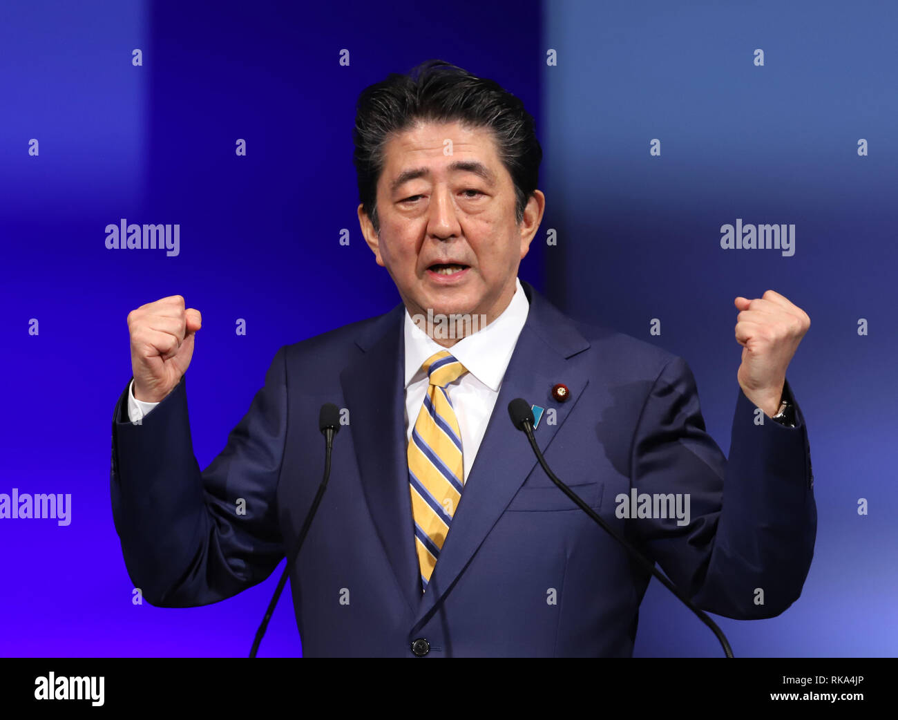 Tokyo, Giappone. 10 feb 2019. Domenica. 10 Febbraio, 2019. Febbraio 10 2019, Tokyo, Giappone - Primo ministro e presidente della sentenza Partito liberale democratico (LDP) Shinzo Abe offre un discorso in occasione dell'annuale convenzione LDP a Tokyo domenica 10 febbraio, 2019. Abe è fortemente impegnata a riammorsano la Costituzione del Giappone compreso Articlr 9. Credito: Yoshio Tsunoda/AFLO/Alamy Live News Foto Stock