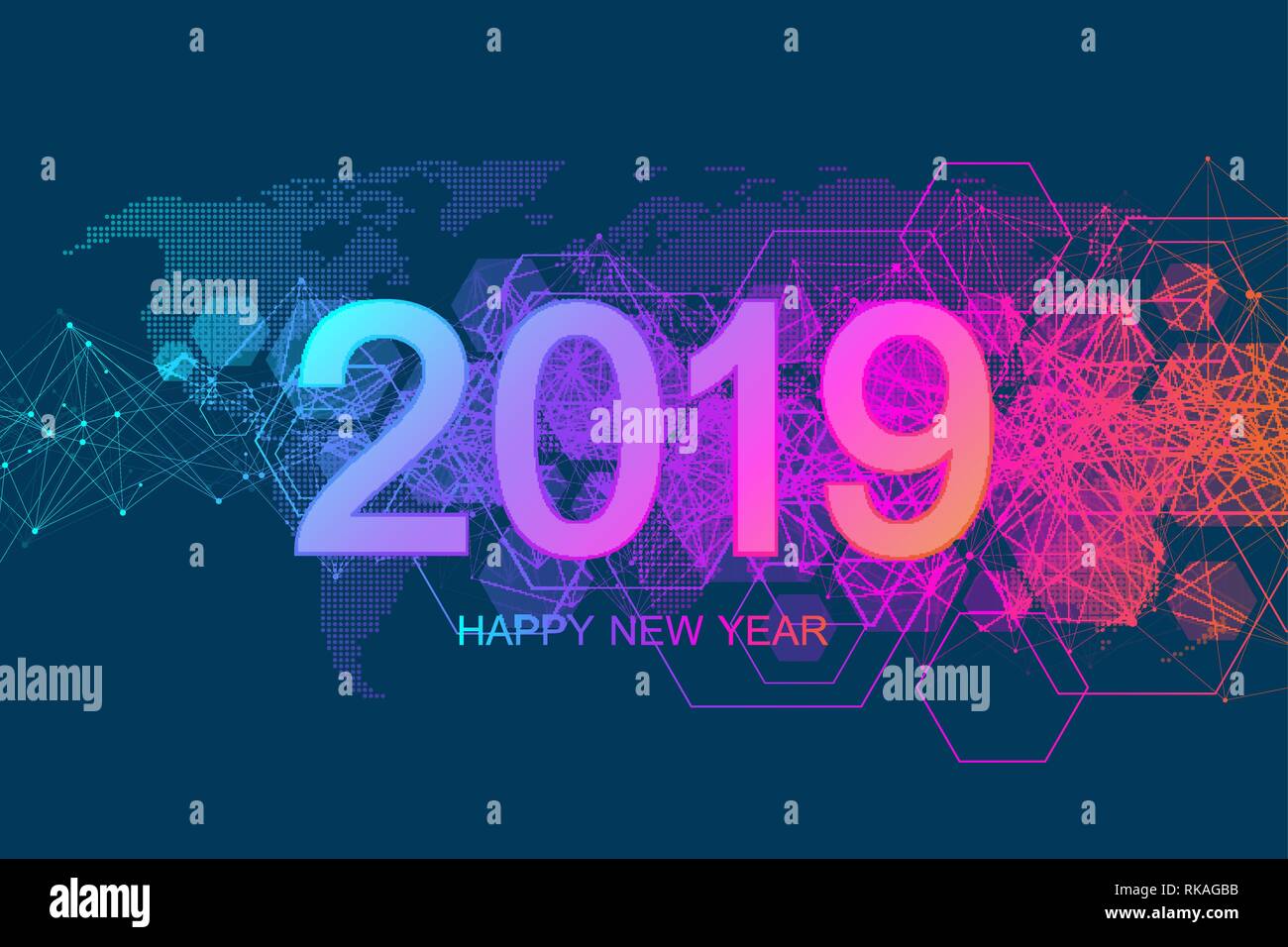 Buon Natale e Felice Anno Nuovo 2019 bigliettino. Moderno modello futuristico per 2019. Digital per la visualizzazione di dati. Business Technology concept Illustrazione Vettoriale
