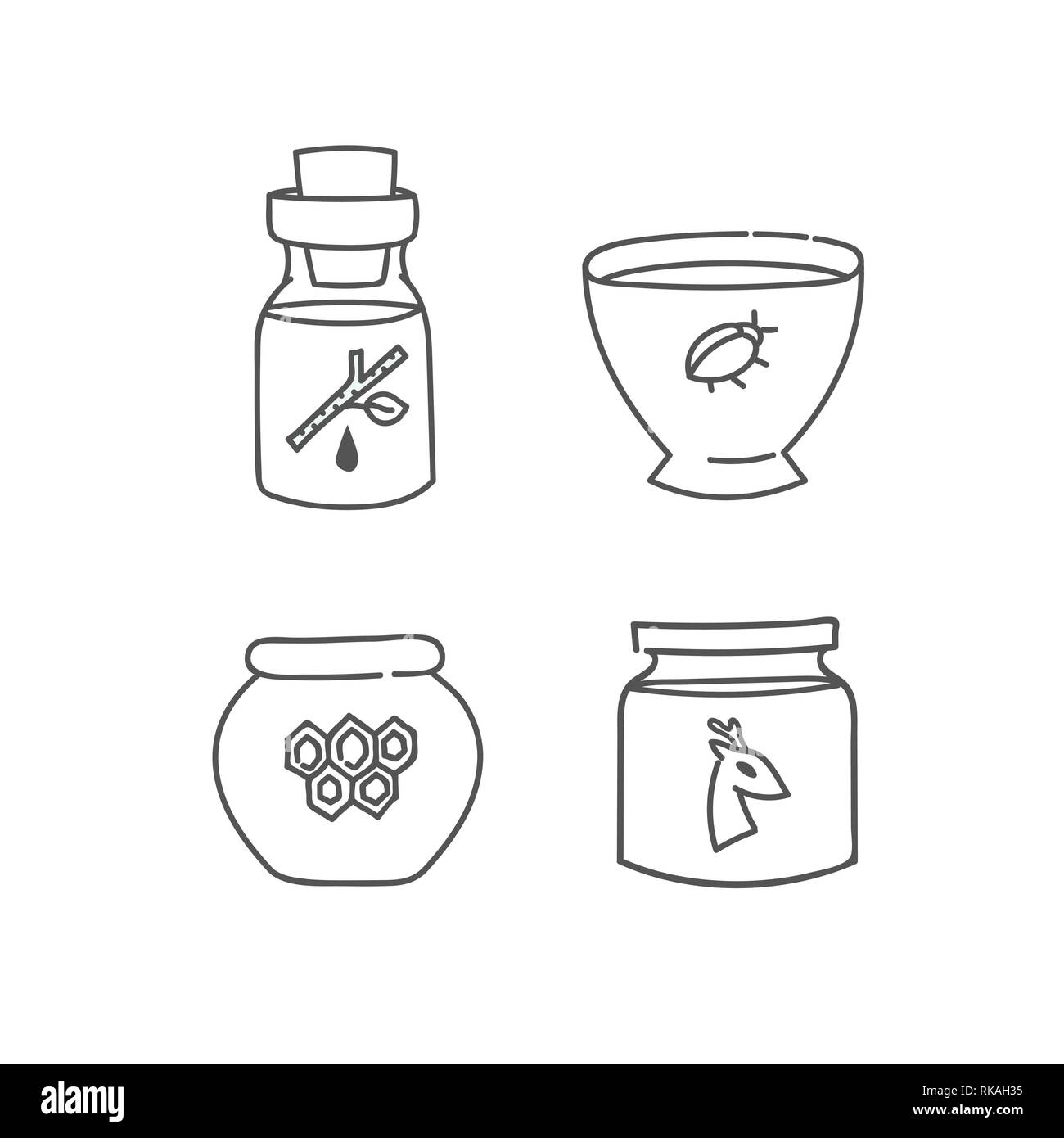 Organici naturali contenitori prodotti bottiglia di vetro vaso recipiente e pot insieme di scarabocchi lineare di contorno raccolta di icone di ingredienti grassi miele birch sap ve Illustrazione Vettoriale