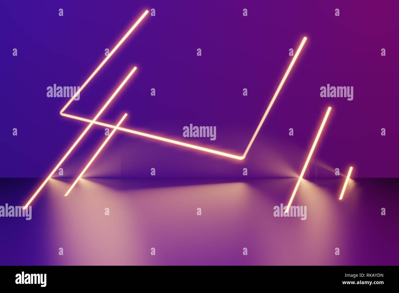 Linee incandescente, luci al neon, realtà virtuale, sfondo astratto, portale di quadrati, arco, spettro blu colori vibranti, laser show. Il rendering 3d. Foto Stock